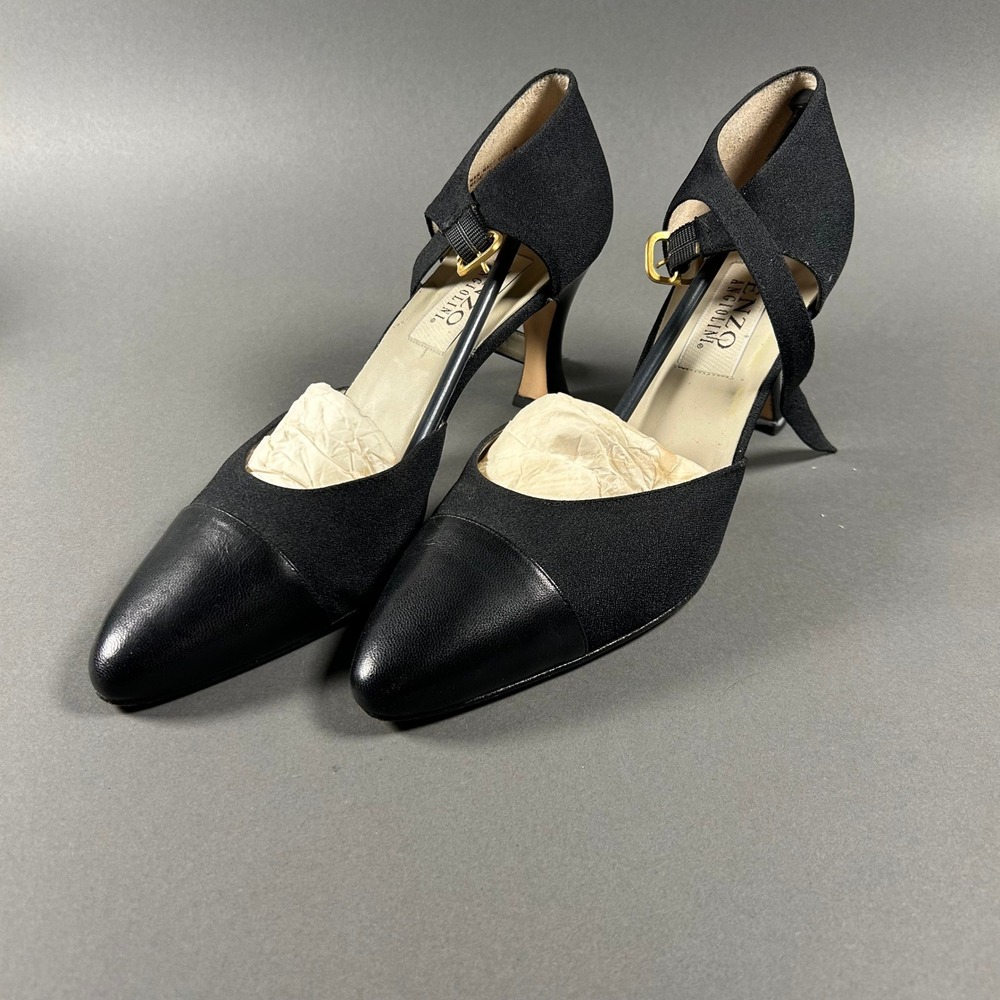 Enzo Angiolini Black Leather Cap Toe Criss Cross Ankle Strap Heels Size 10M